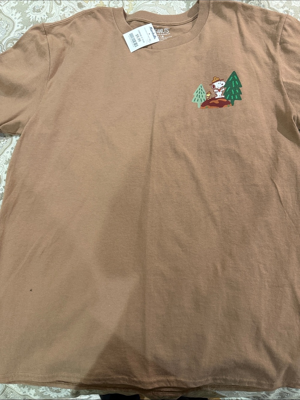 Peanuts Brown Men’s Snoopy Camping Tee with Green Trees